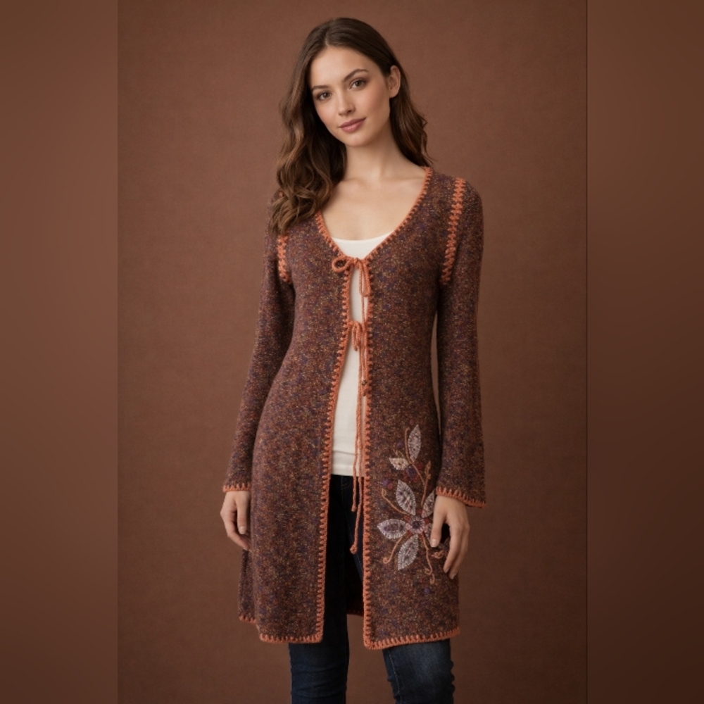 Anthropoligie Lulumari Brown Burnt Orange Knit Embroidered Duster Cardigan